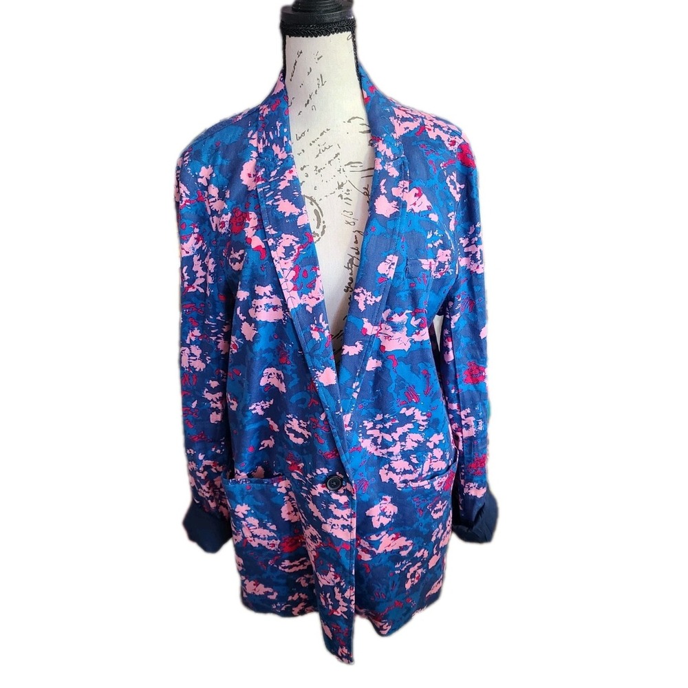 Armani Exchange Womens Blazer Jacket‎ Sz 14 Blue Pink Floral Print Linen Blend